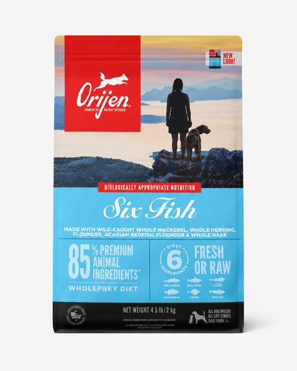 Orijen Six Fish dog food grain free high protein wild caught fish WholePrey nutrition formula for all life stages dogs