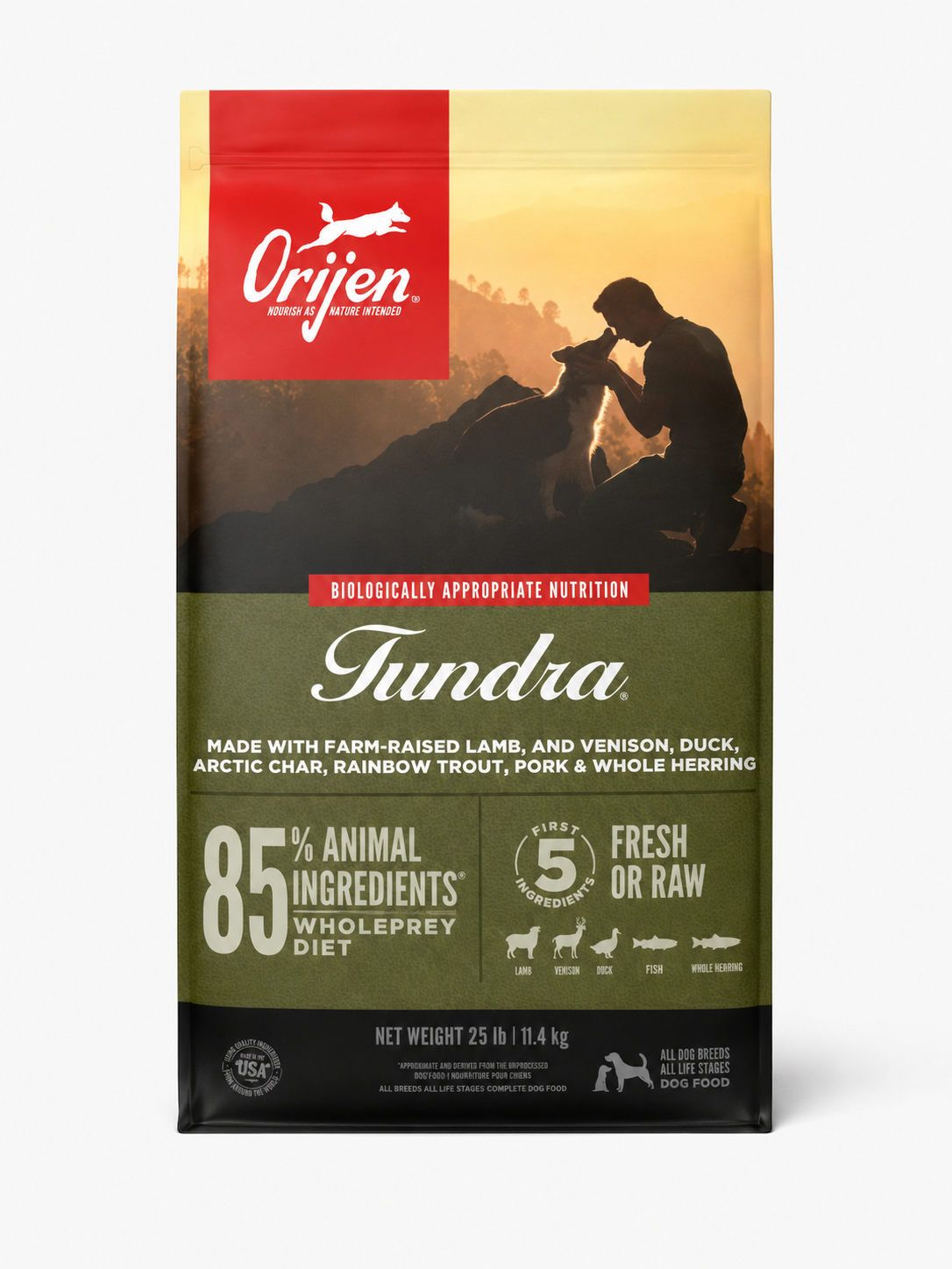 Orijen Tundra dog food bag front packaging showing sunset mountain scene with biologically appropriate high protein grain free WholePrey nutrition for dogs