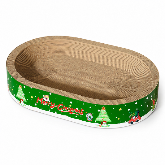 Green Christmas corrugated cardboard cat scratcher bed with festive holiday design
