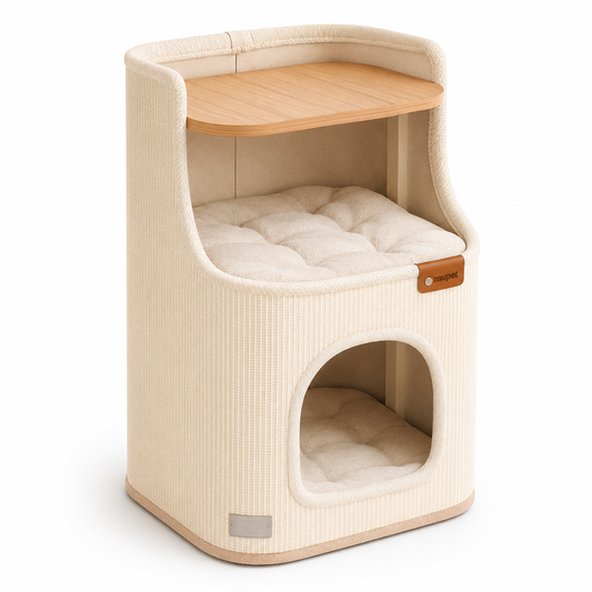 Cream two-level cat condo with cushioned lounge, wood-look platform and enclosed hideaway