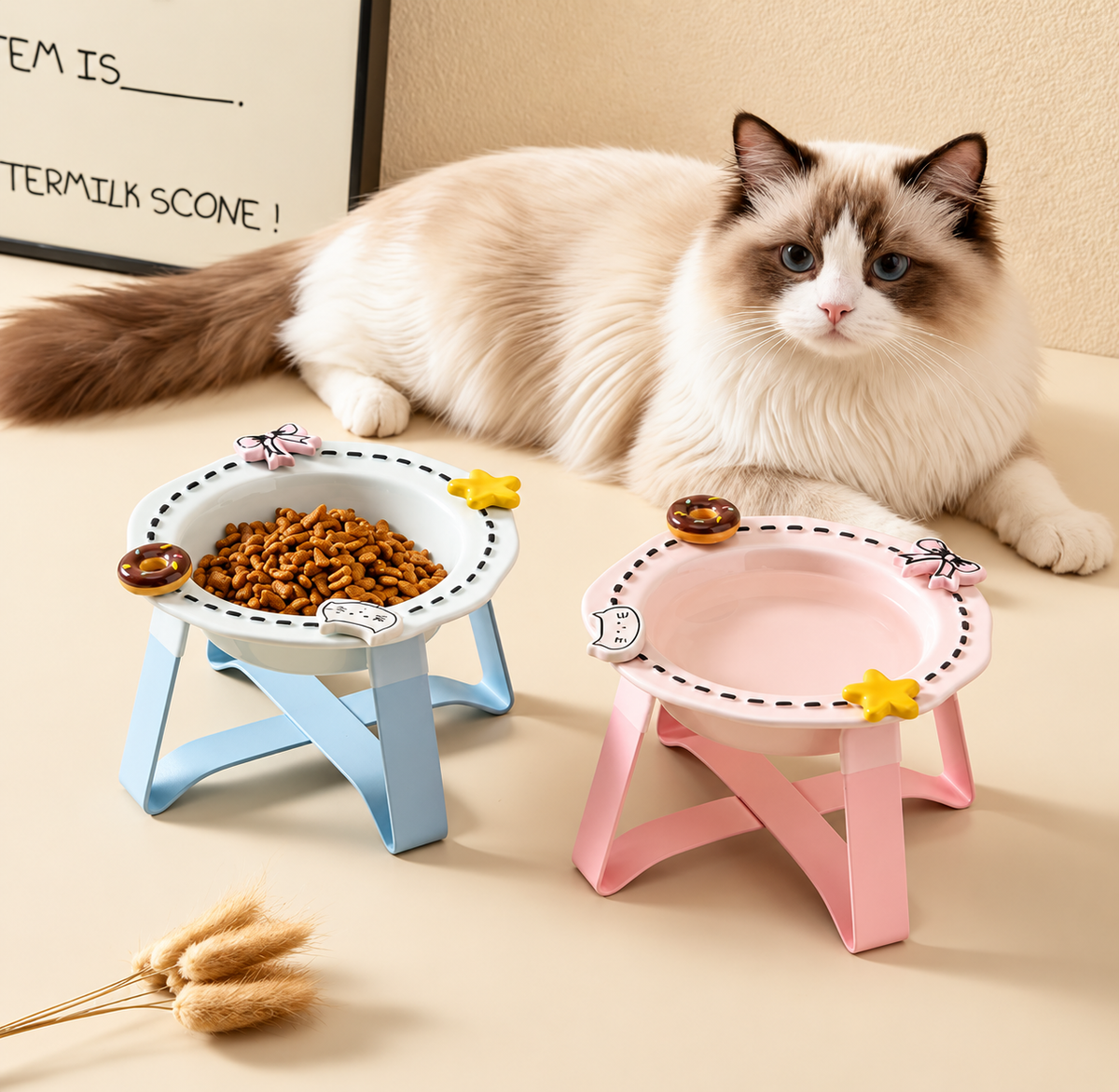 Long-haired cat beside blue and pink raised ceramic pet bowls
