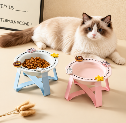 Long-haired cat beside blue and pink raised ceramic pet bowls