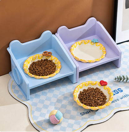 Pastel blue and lavender raised cat bowl stands with decorative ceramic pet bowls