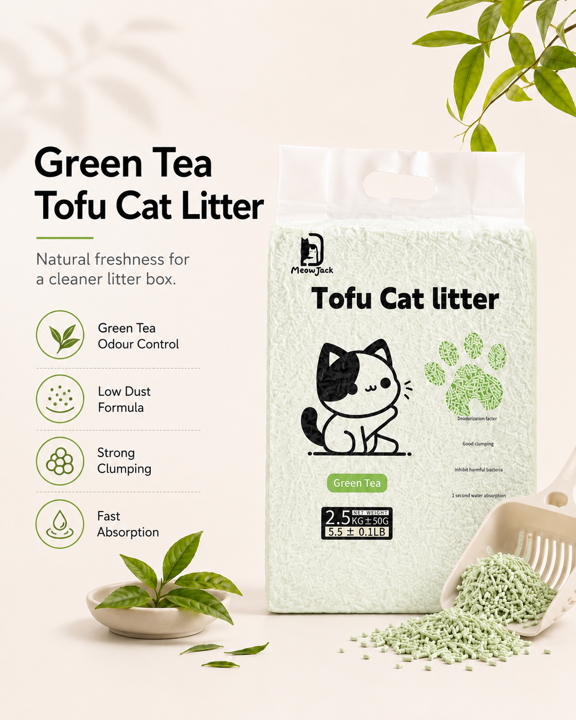 Meow Jack Green Tea Tofu Cat Litter low dust strong clumping formula