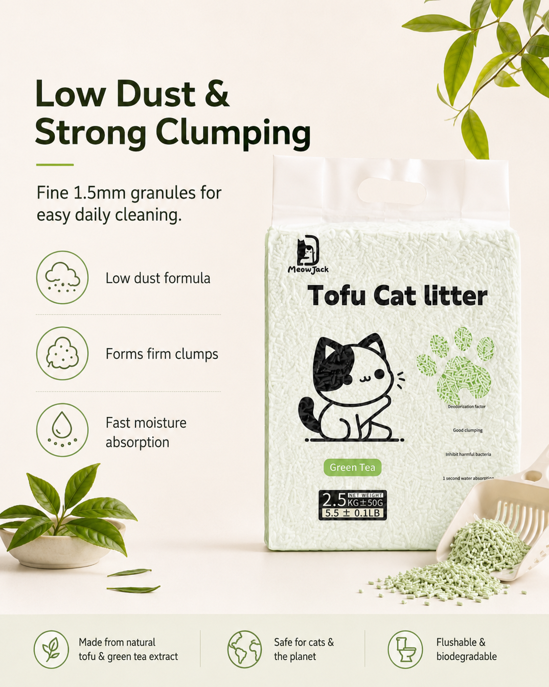 Meow Jack Green Tea Tofu Cat Litter 1.5mm fine granules for easy cleaning