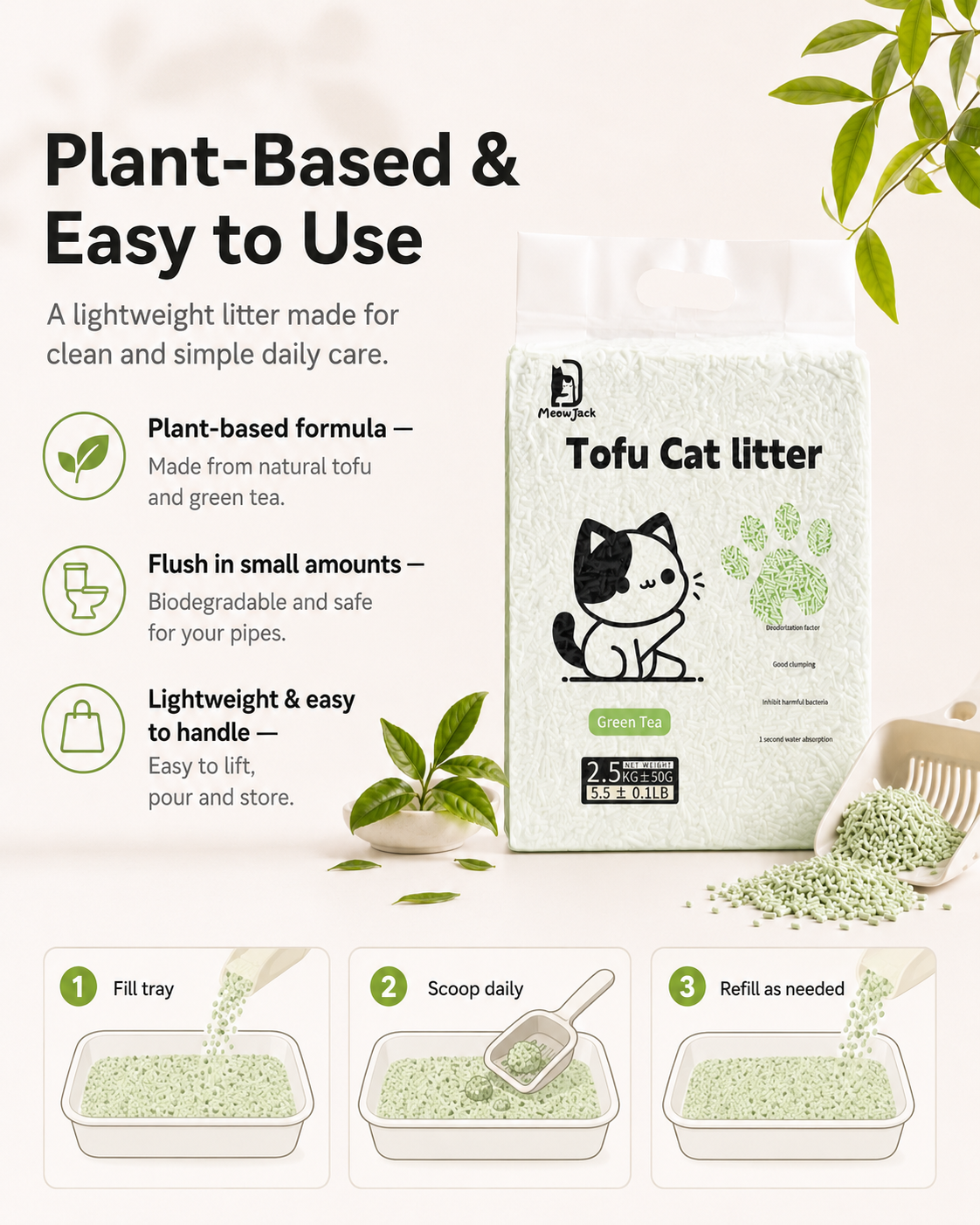 Meow Jack Green Tea Tofu Cat Litter plant based flushable cat litter