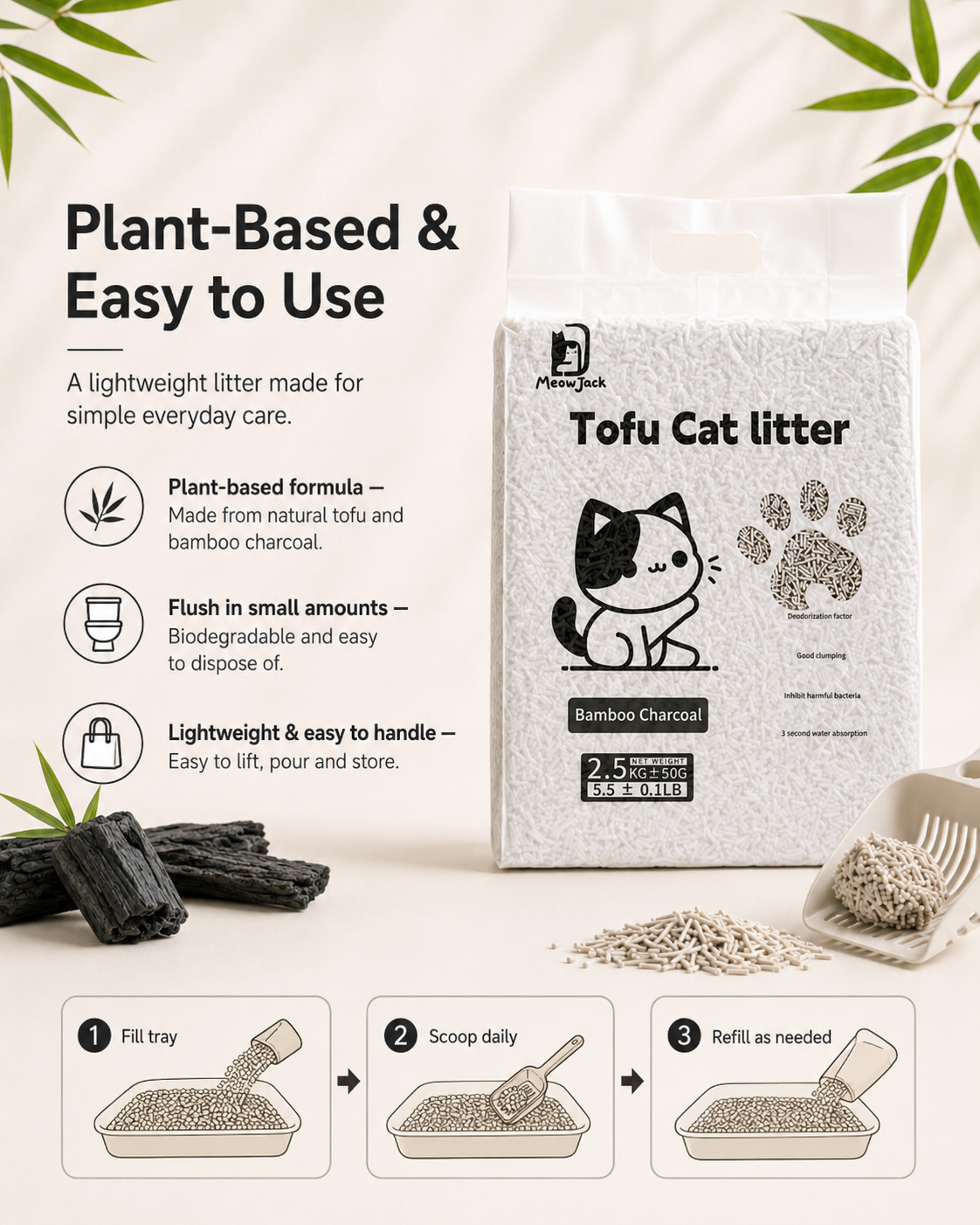 Meow Jack Bamboo Charcoal Tofu Cat Litter plant based flushable cat litter