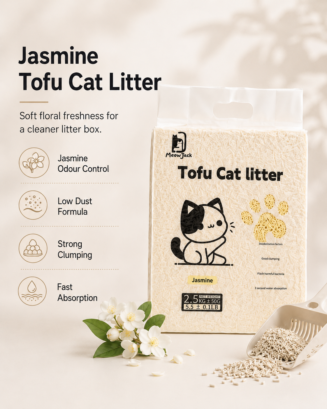 Meow Jack Jasmine Tofu Cat Litter low dust strong clumping formula