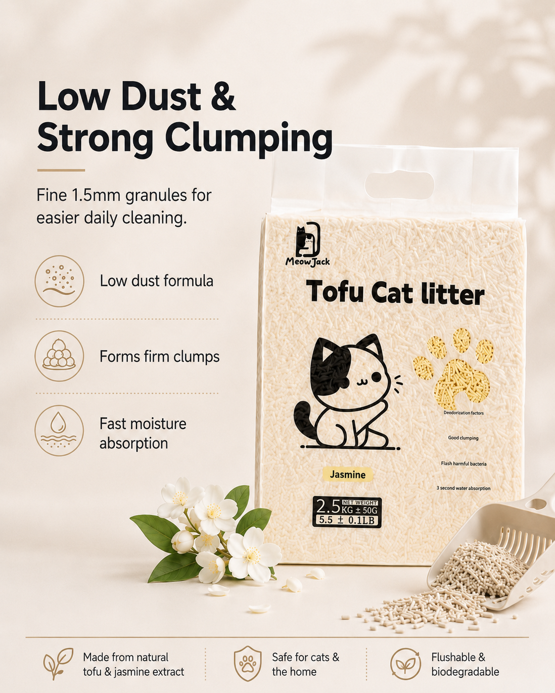 Meow Jack Jasmine Tofu Cat Litter 1.5mm fine granules for easy cleaning
