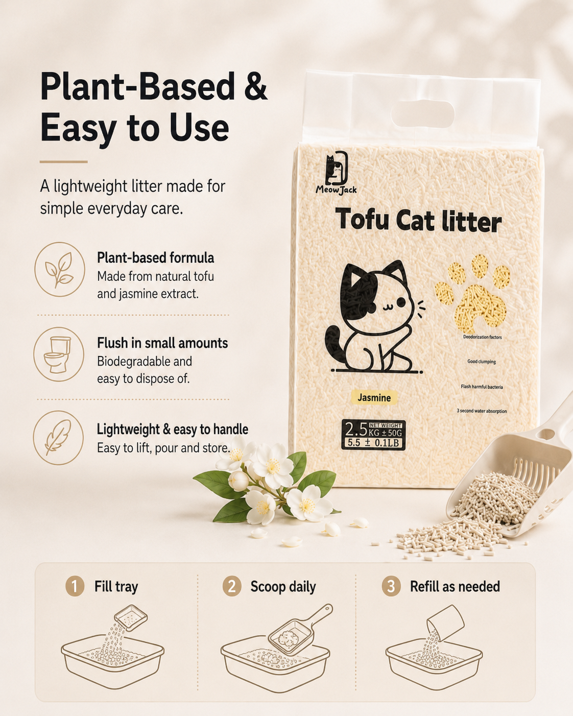 Meow Jack Jasmine Tofu Cat Litter plant based flushable cat litter