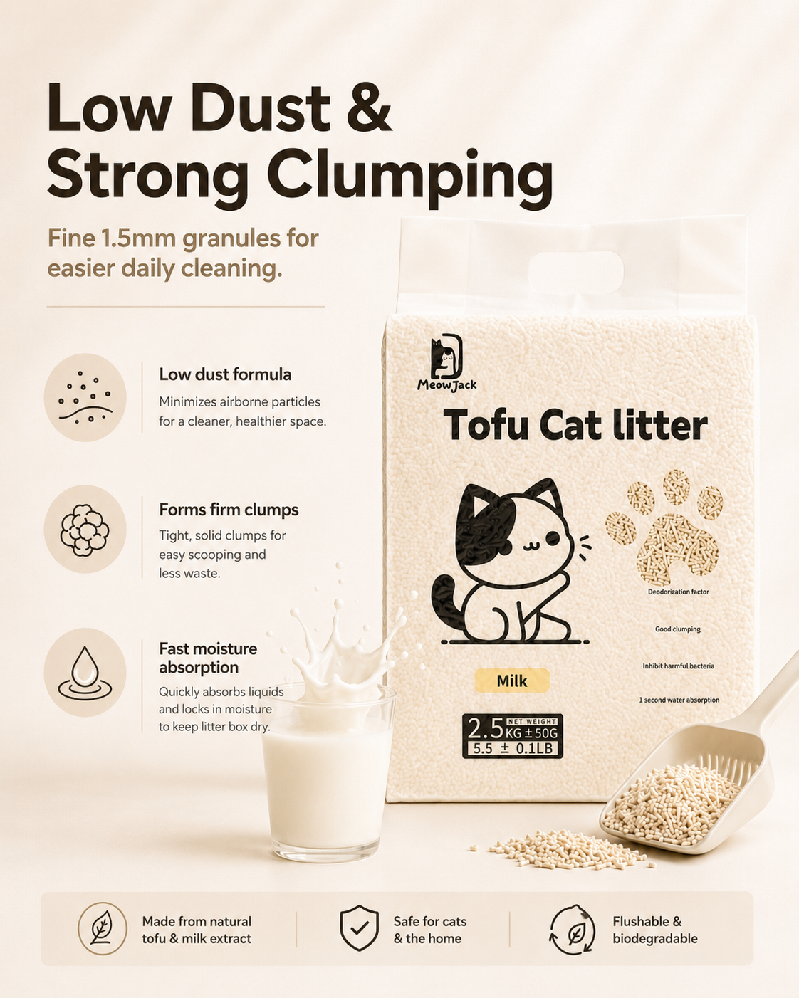 Meow Jack Milk Tofu Cat Litter low dust strong clumping formula