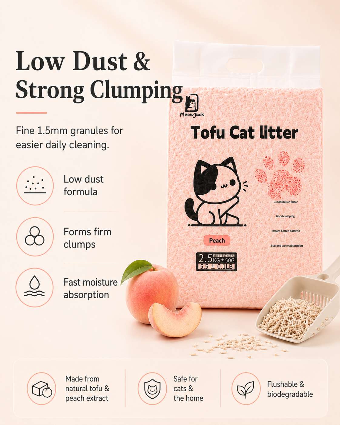 Meow Jack Peach Tofu Cat Litter low dust strong clumping formula