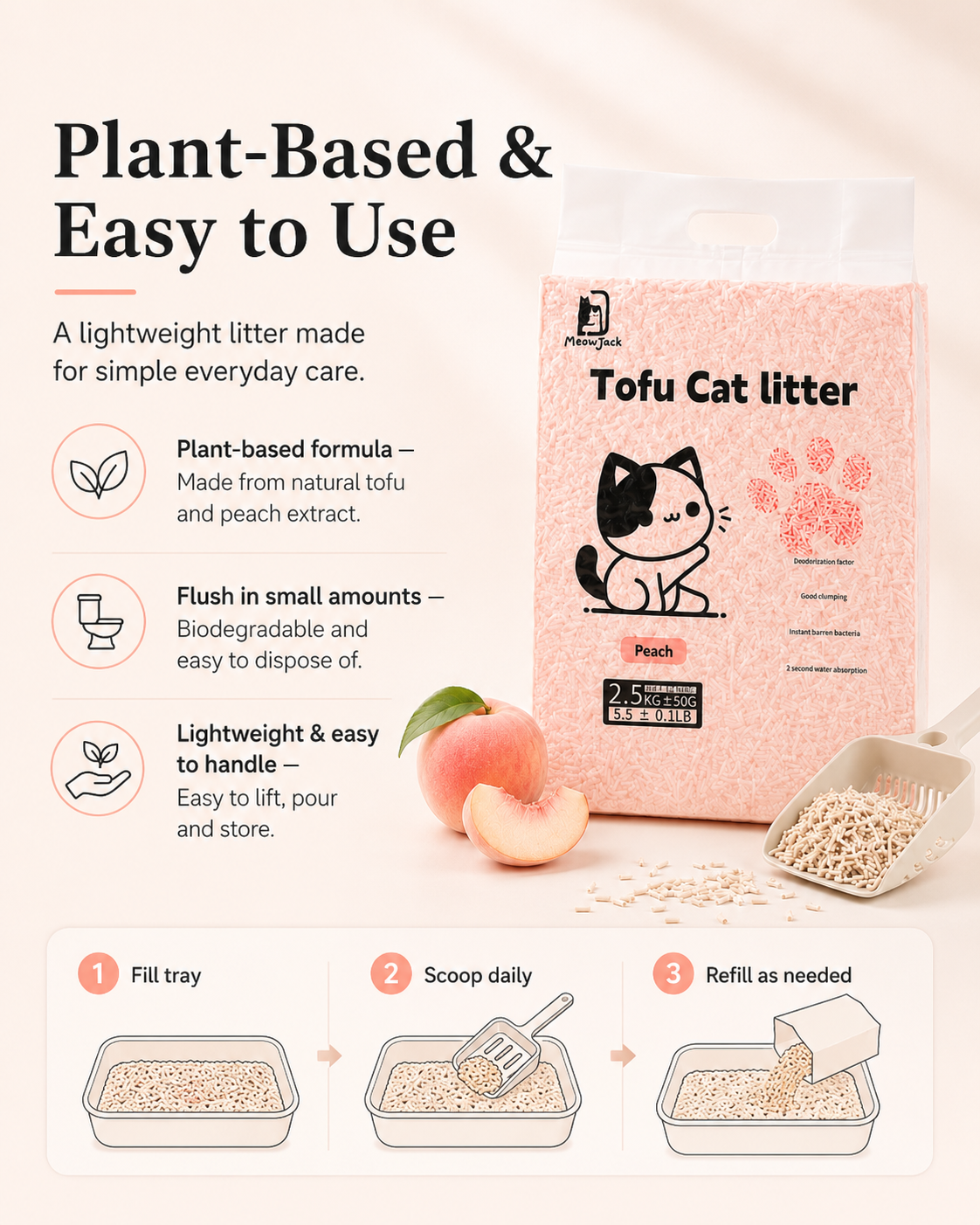 Meow Jack Peach Tofu Cat Litter plant based flushable cat litter