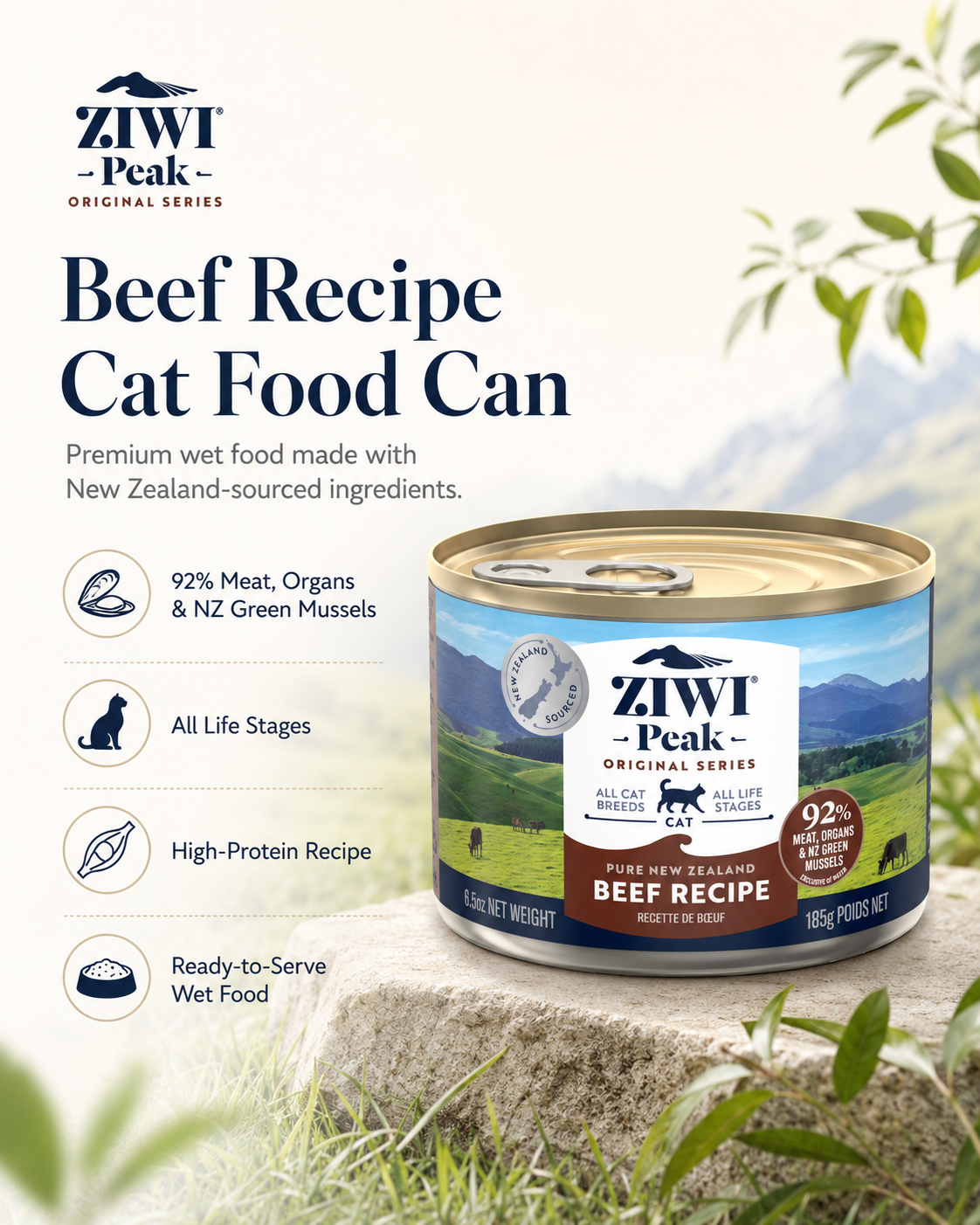Ziwi Peak Beef Recipe wet cat food with 92% meat, organs and green mussels