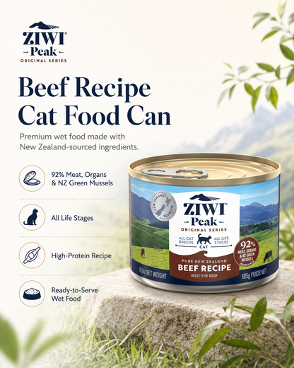 Ziwi Peak Beef Recipe wet cat food with 92% meat, organs and green mussels