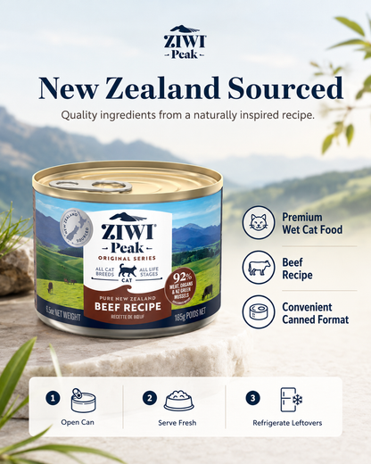 Ziwi Peak Beef Recipe premium wet cat food feeding and storage guide