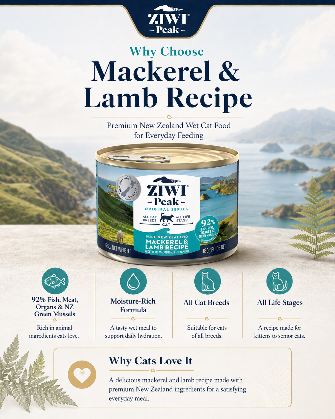 Ziwi Peak Mackerel and Lamb Recipe cat food with moisture rich formula