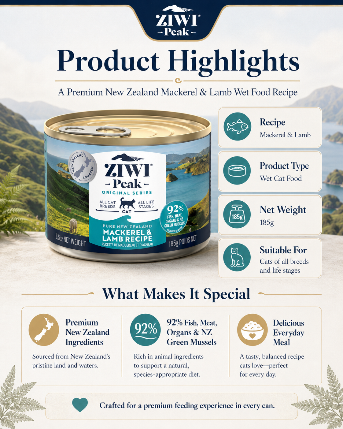 Ziwi Peak Mackerel and Lamb Recipe cat food with 92% fish, meat, organs and green mussels
