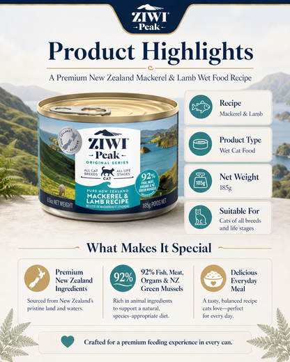 Ziwi Peak Mackerel and Lamb Recipe cat food with 92% fish, meat, organs and green mussels