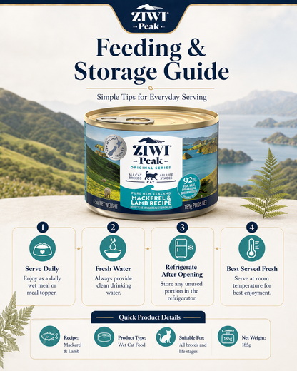 Ziwi Peak Mackerel and Lamb Recipe canned cat food feeding and storage guide