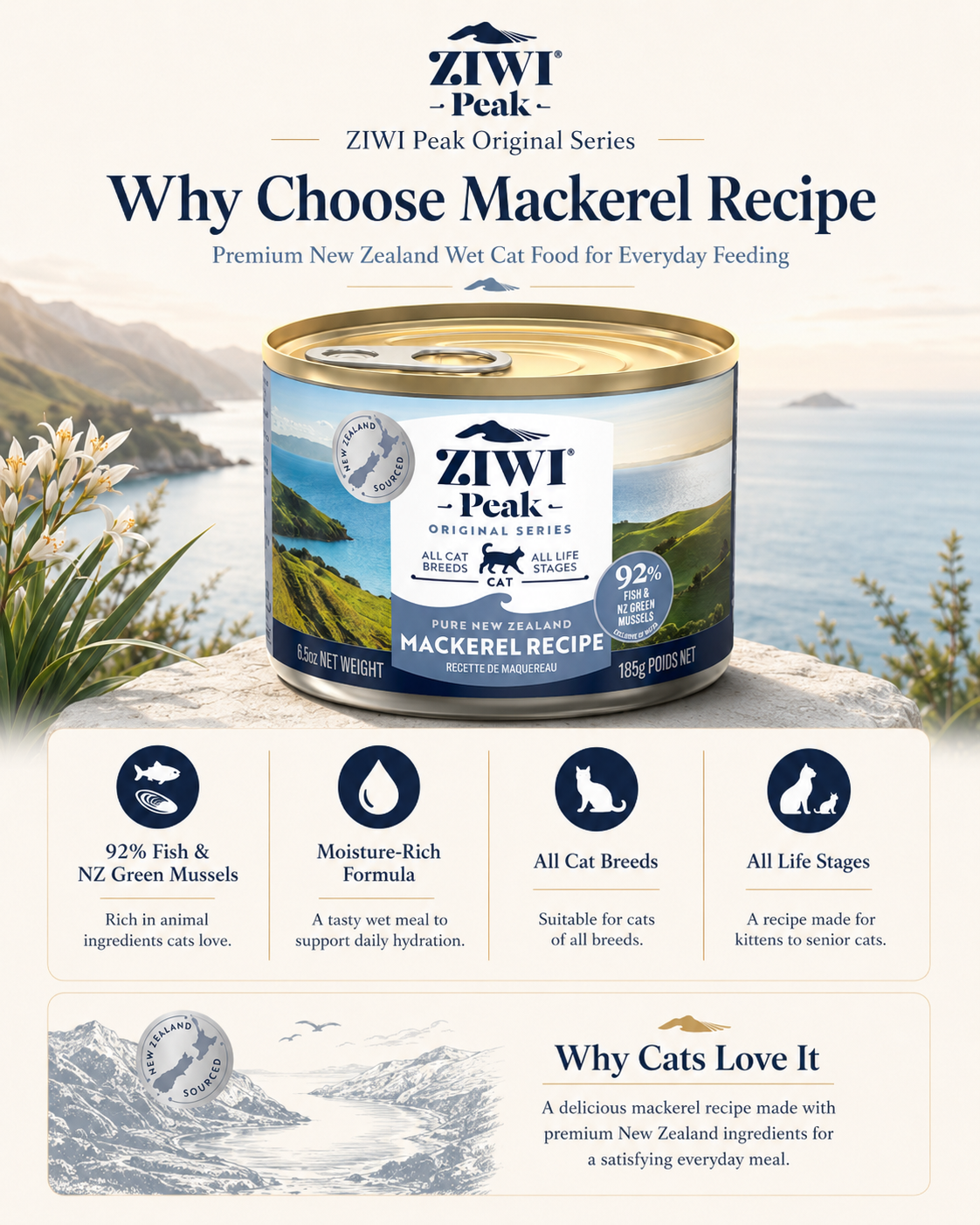 Ziwi Peak Mackerel Recipe cat food with 92% fish and green mussels