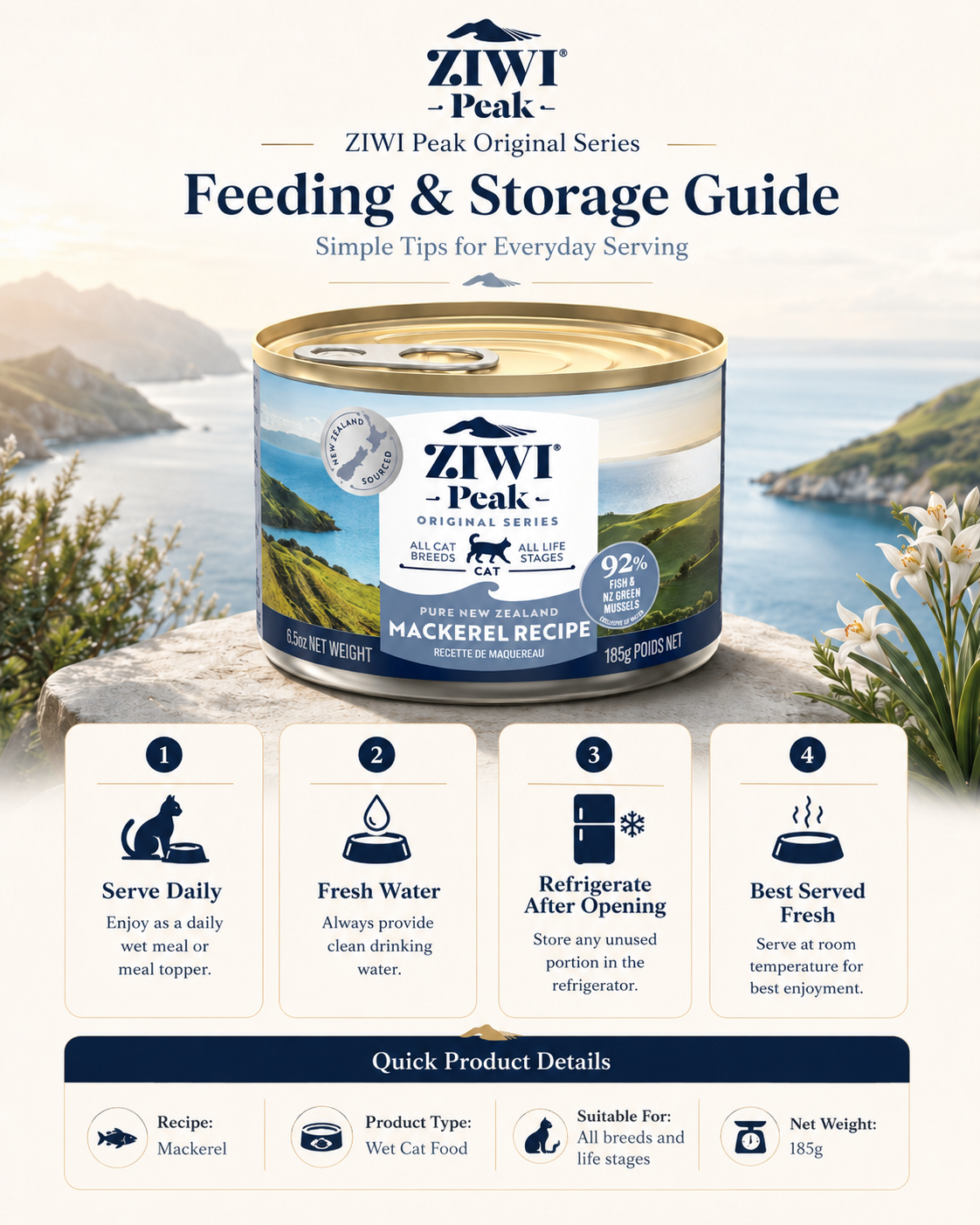 Ziwi Peak Mackerel Recipe canned cat food feeding and storage guide