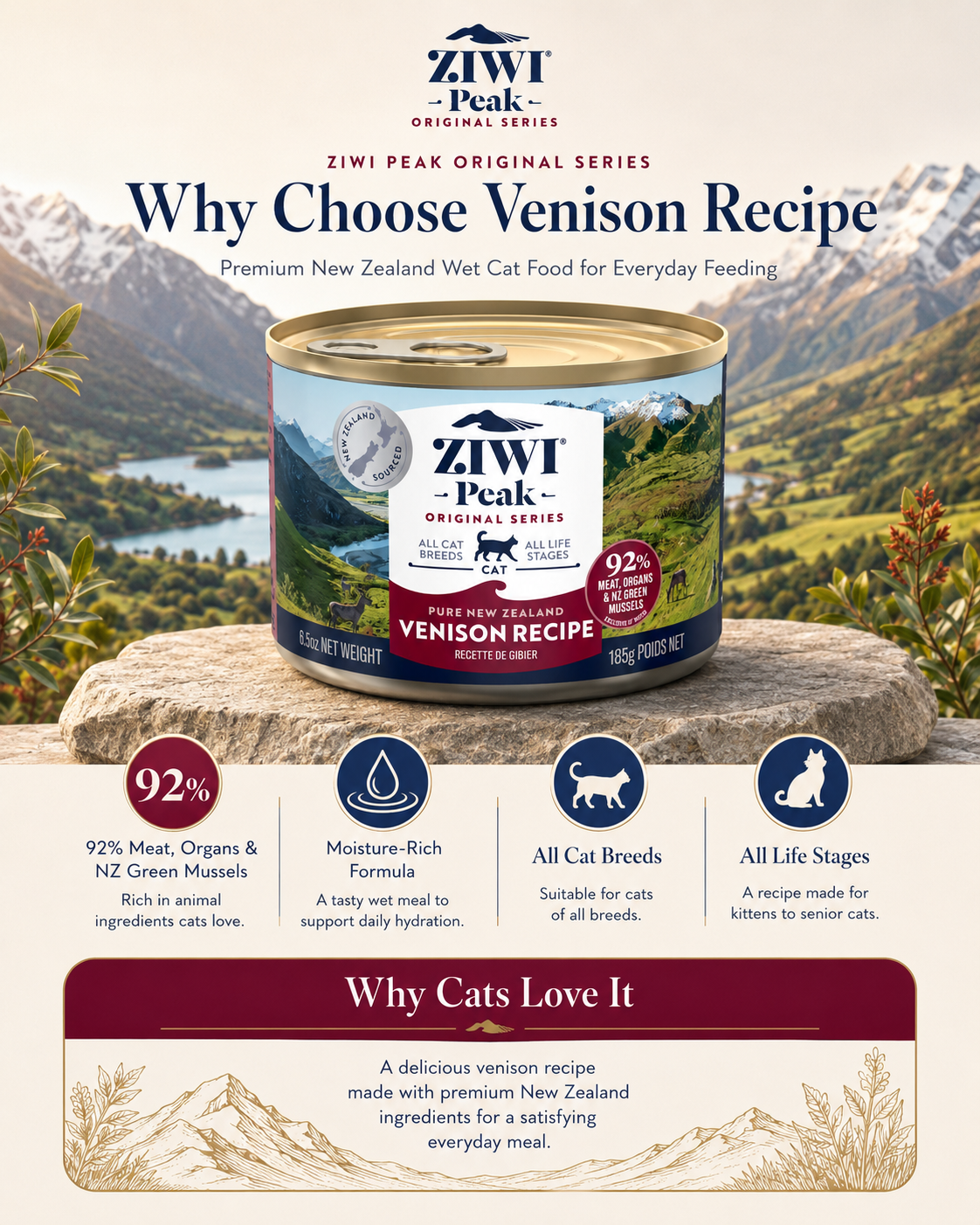 Ziwi Peak Venison Recipe cat food with 92% meat, organs and green mussels