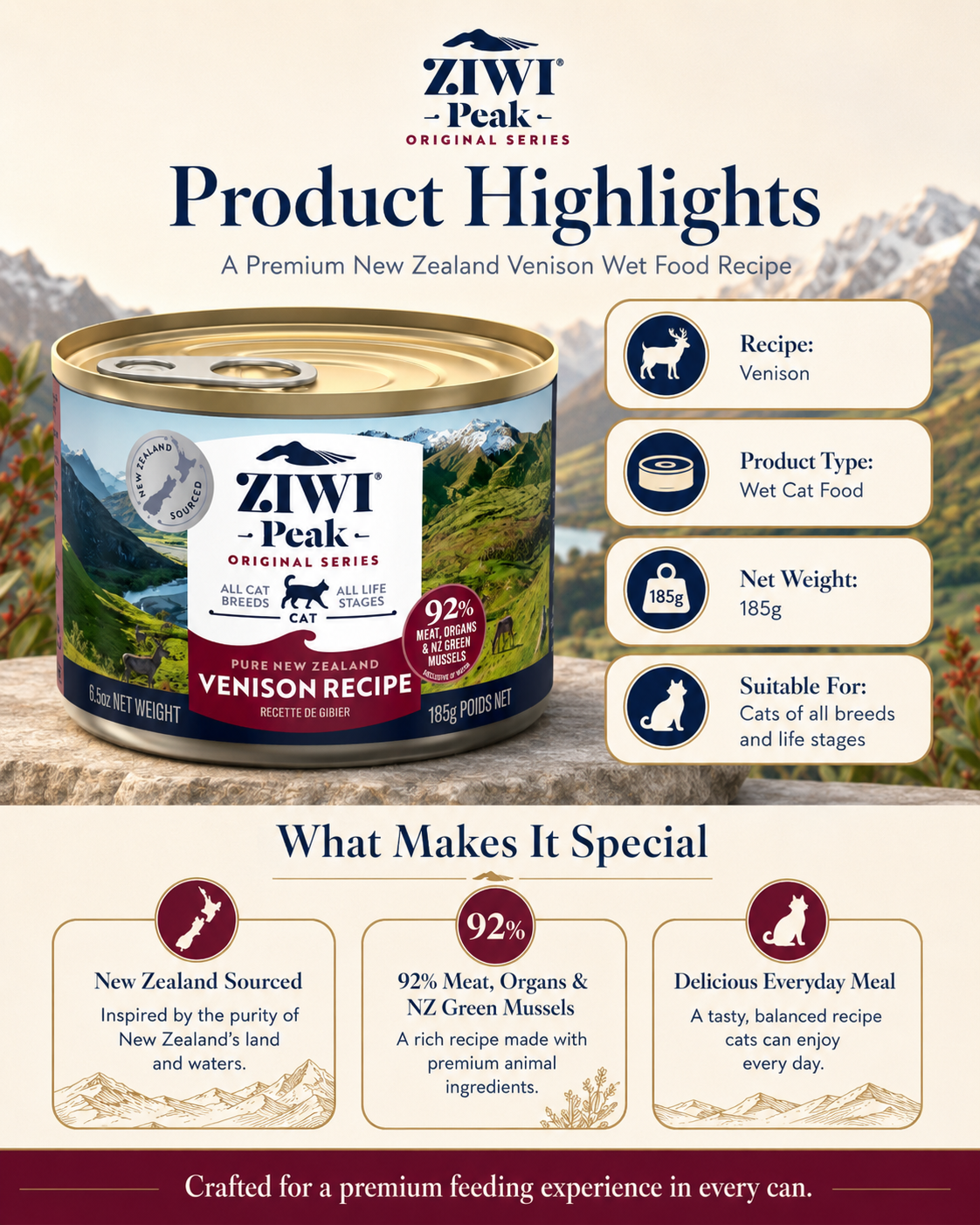 Ziwi Peak Venison Recipe premium New Zealand wet cat food product details