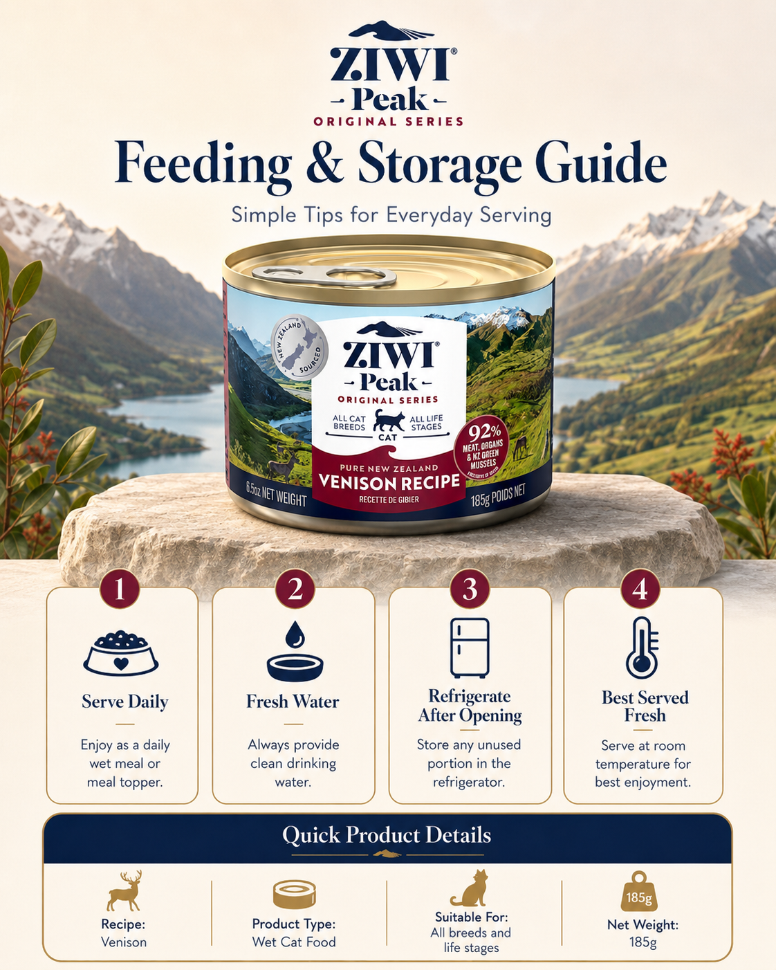 Ziwi Peak Venison Recipe canned cat food feeding and storage guide