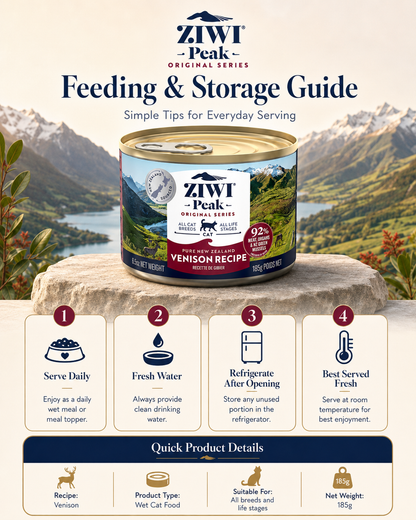 Ziwi Peak Venison Recipe canned cat food feeding and storage guide