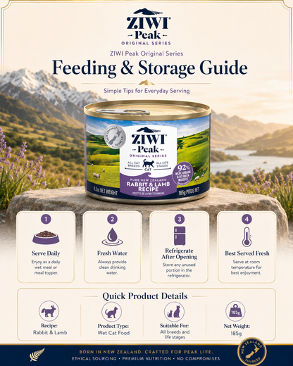 Ziwi Peak Rabbit and Lamb Recipe canned cat food feeding and storage guide
