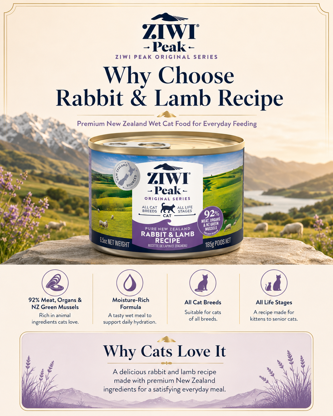 Ziwi Peak Rabbit and Lamb Recipe cat food with 92% meat, organs and green mussels