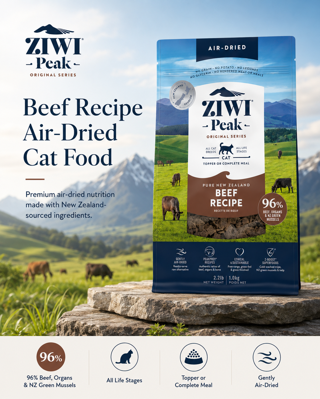 Ziwi Peak Beef Recipe air dried cat food with 96% beef, organs and New Zealand green mussels