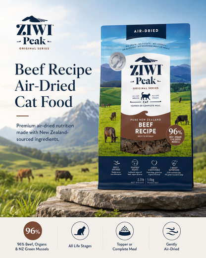 Ziwi Peak Beef Recipe air dried cat food with 96% beef, organs and New Zealand green mussels