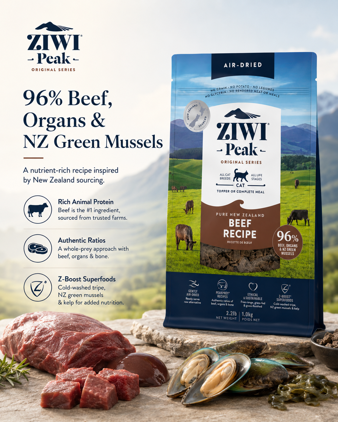 Ziwi Peak Beef Recipe cat food made with beef, organs and New Zealand green mussels