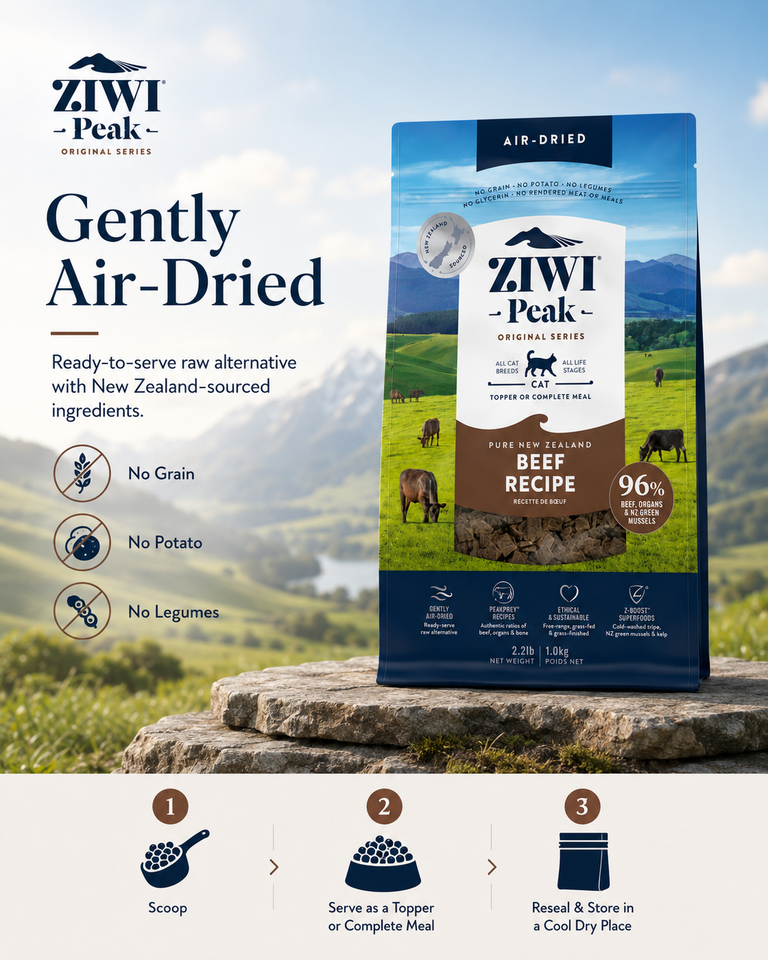 Ziwi Peak Air Dried Beef Recipe cat food with no grain, no potato, no legumes and simple feeding guide