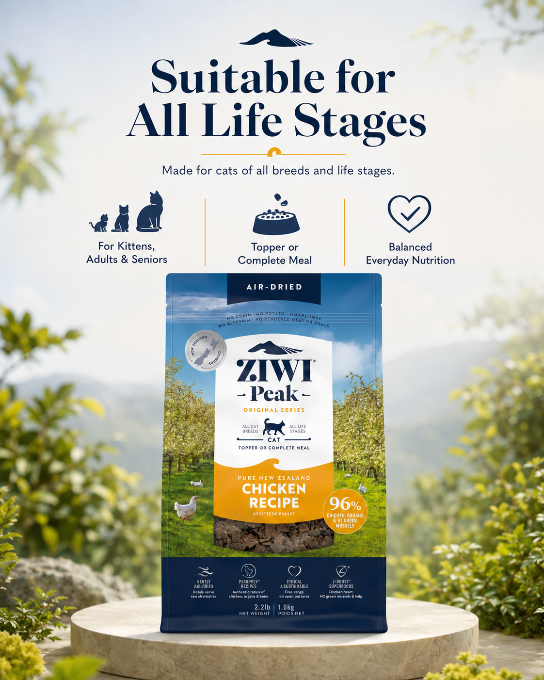 Ziwi Peak Air Dried Chicken Recipe cat food suitable for kittens, adults and senior cats