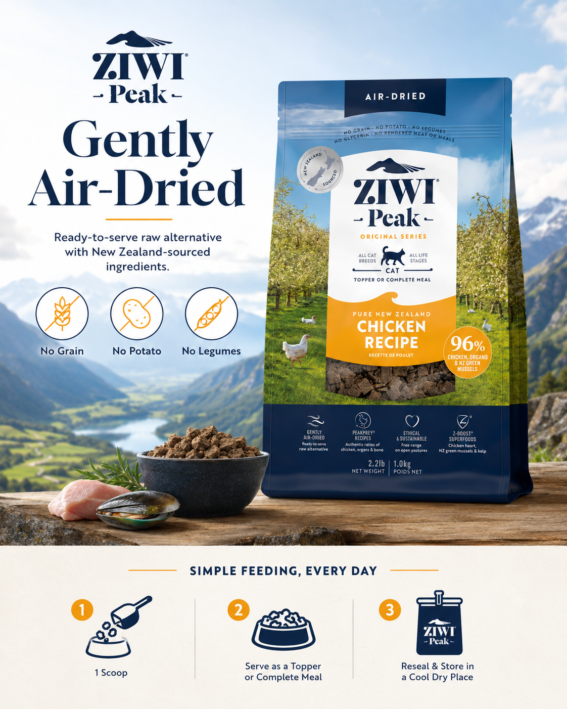 Ziwi Peak Air Dried Chicken Recipe cat food with no grain, no potato, no legumes and simple feeding guide