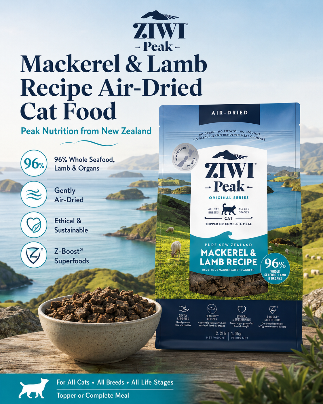 Ziwi Peak Mackerel and Lamb Recipe air dried cat food with 96% whole seafood, lamb and organs