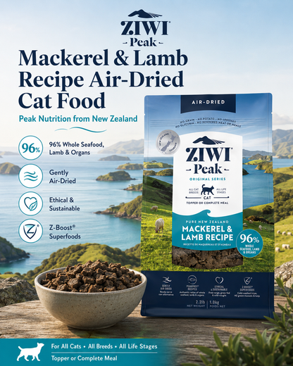 Ziwi Peak Mackerel and Lamb Recipe air dried cat food with 96% whole seafood, lamb and organs