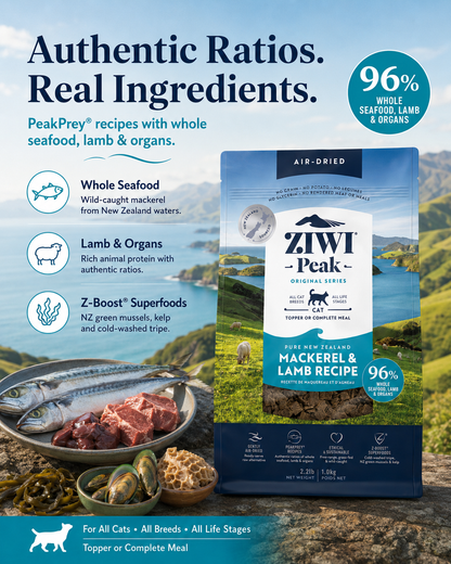Ziwi Peak Mackerel and Lamb Recipe cat food made with whole seafood, lamb, organs and Z-Boost superfoods