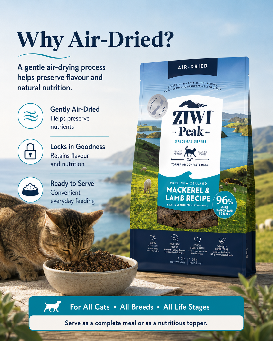 Ziwi Peak Air Dried Mackerel and Lamb Recipe cat food with gentle air drying process and ready to serve texture