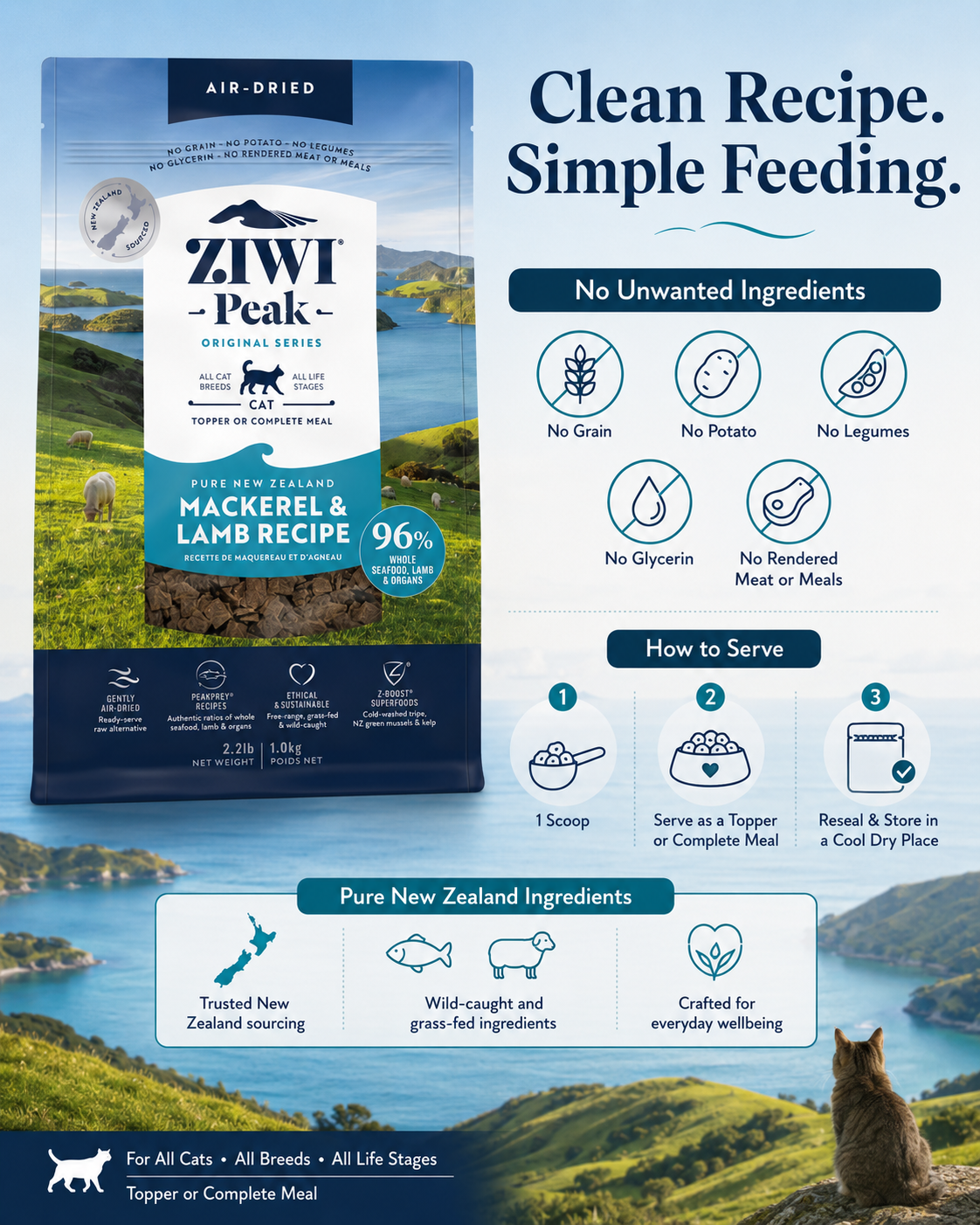 Ziwi Peak Mackerel and Lamb Recipe air dried cat food with no grain, no potato, no legumes and simple feeding guide