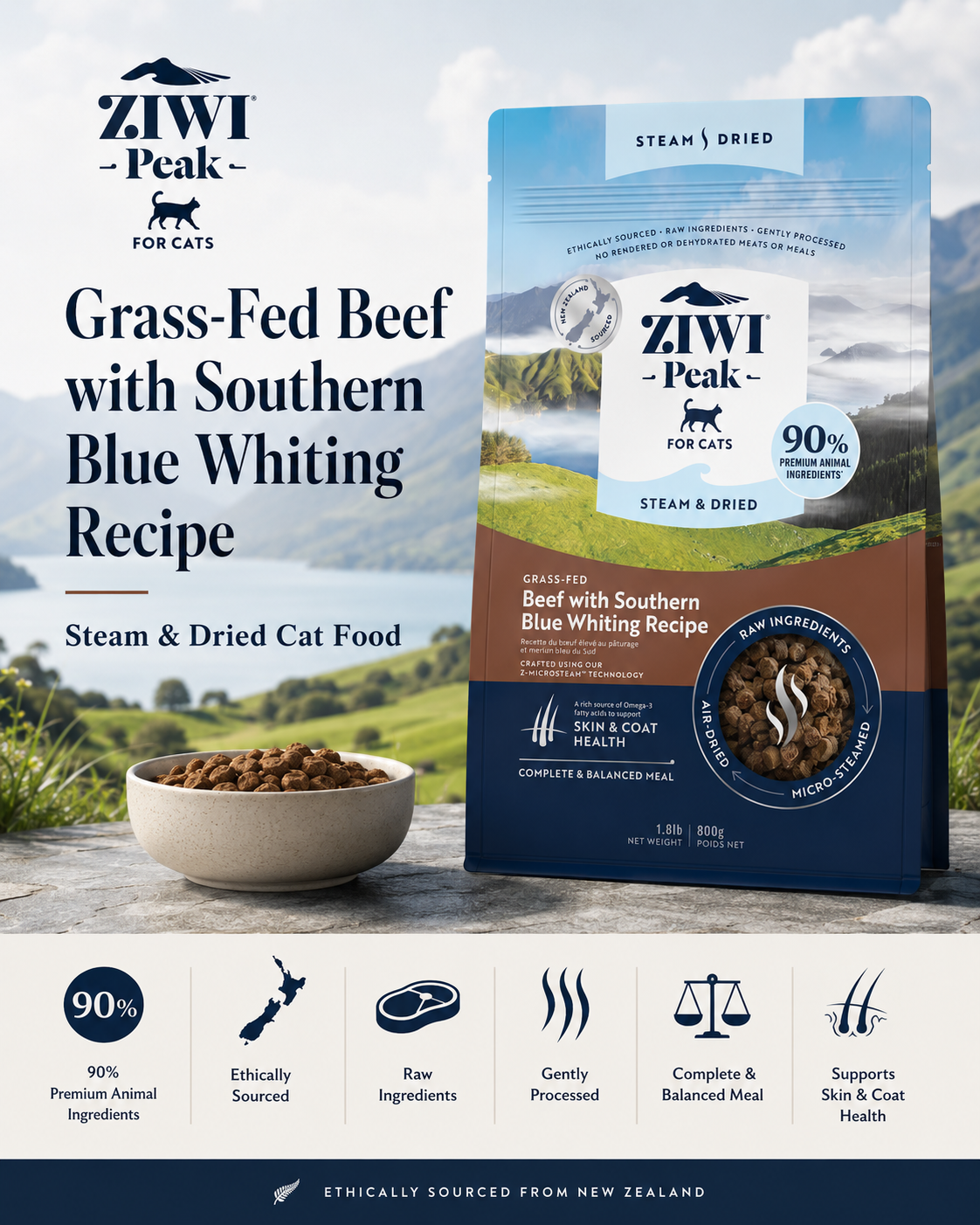 Ziwi Peak Grass Fed Beef with Southern Blue Whiting Recipe dry cat food with 90% premium animal ingredients