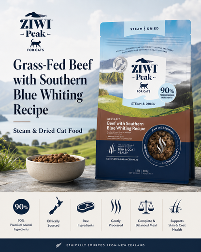 Ziwi Peak Grass Fed Beef with Southern Blue Whiting Recipe dry cat food with 90% premium animal ingredients