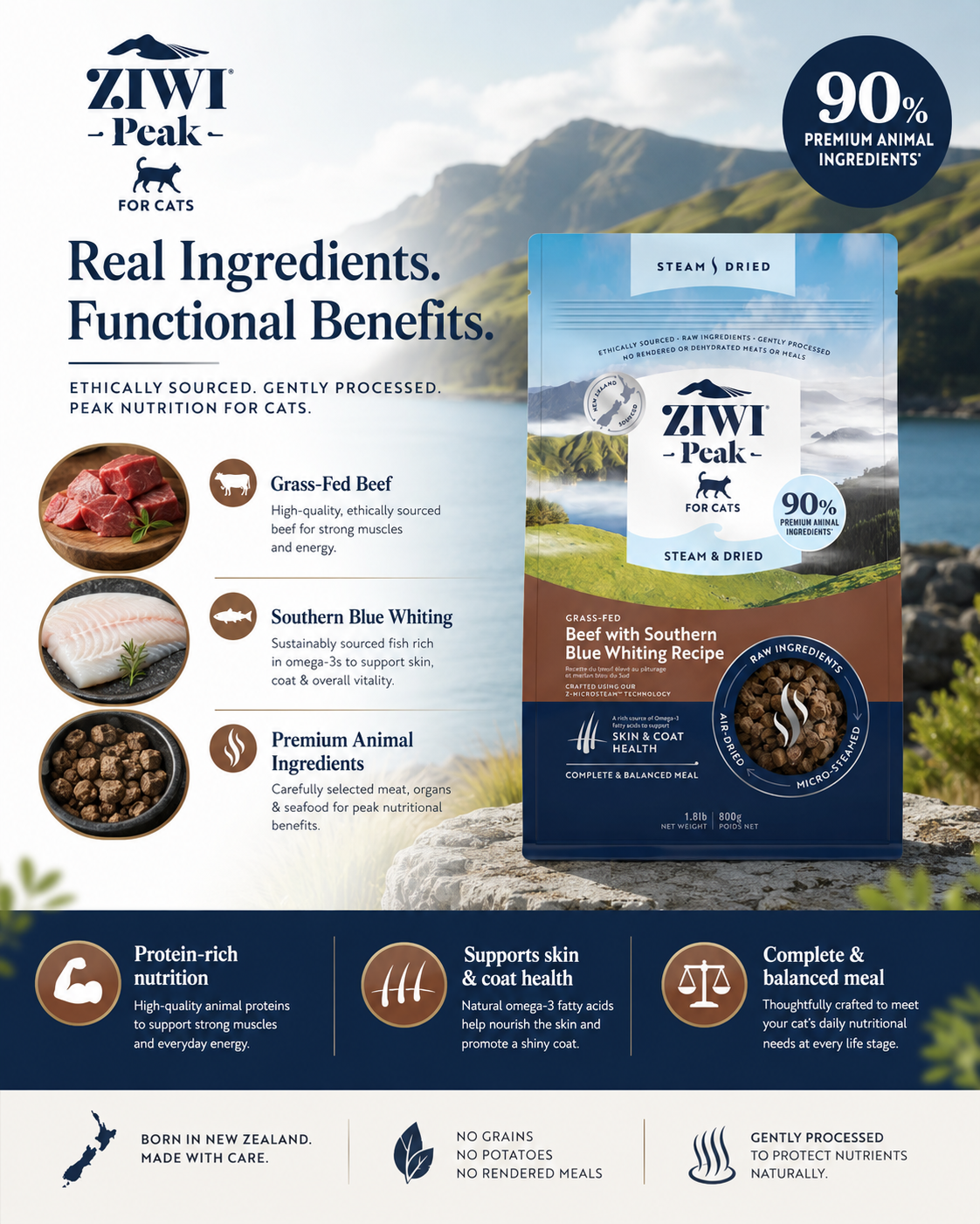 Ziwi Peak Beef with Southern Blue Whiting Recipe dry cat food with grass fed beef, blue whiting and premium animal ingredients