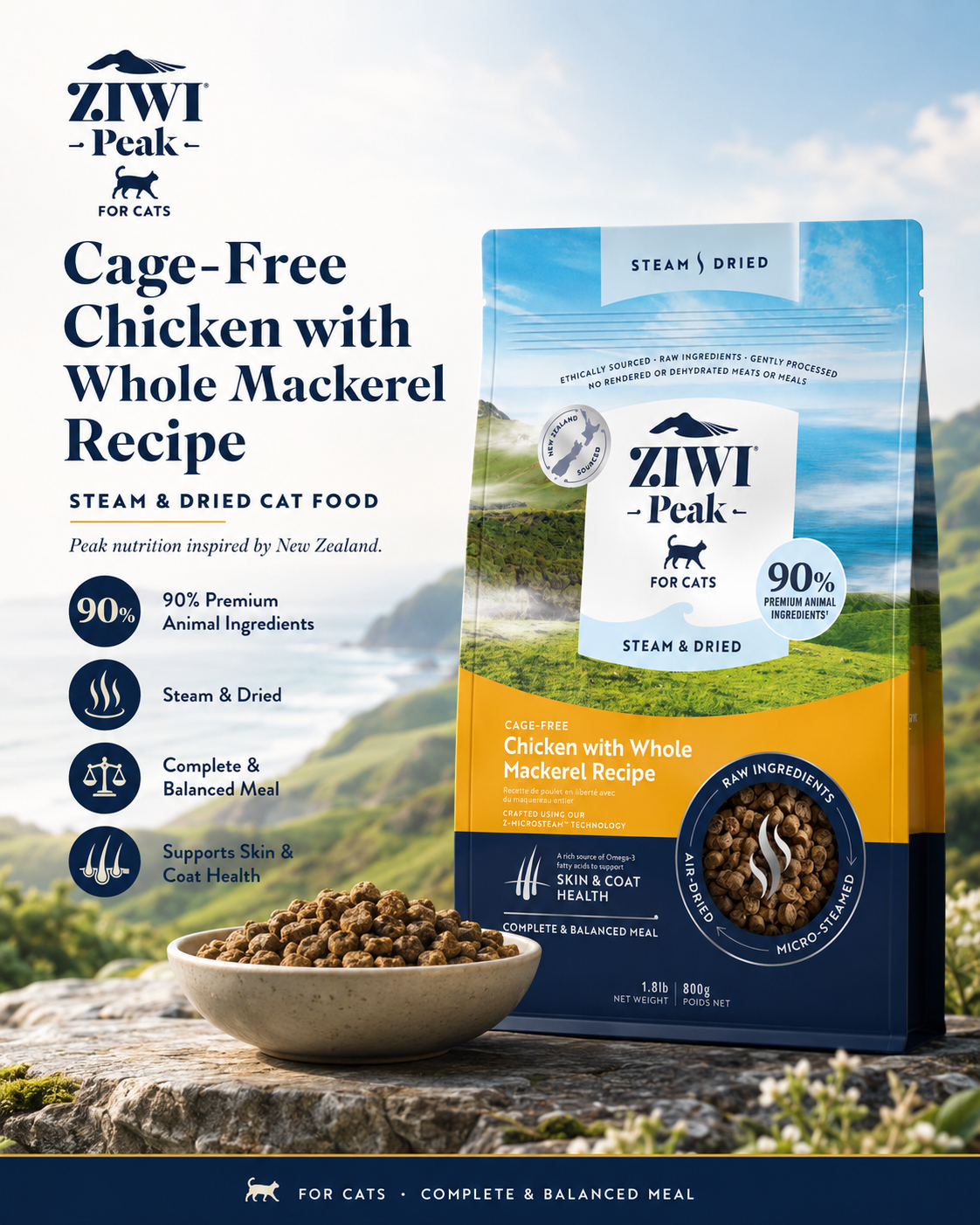 Ziwi Peak Cage Free Chicken with Whole Mackerel Recipe dry cat food with 90% premium animal ingredients