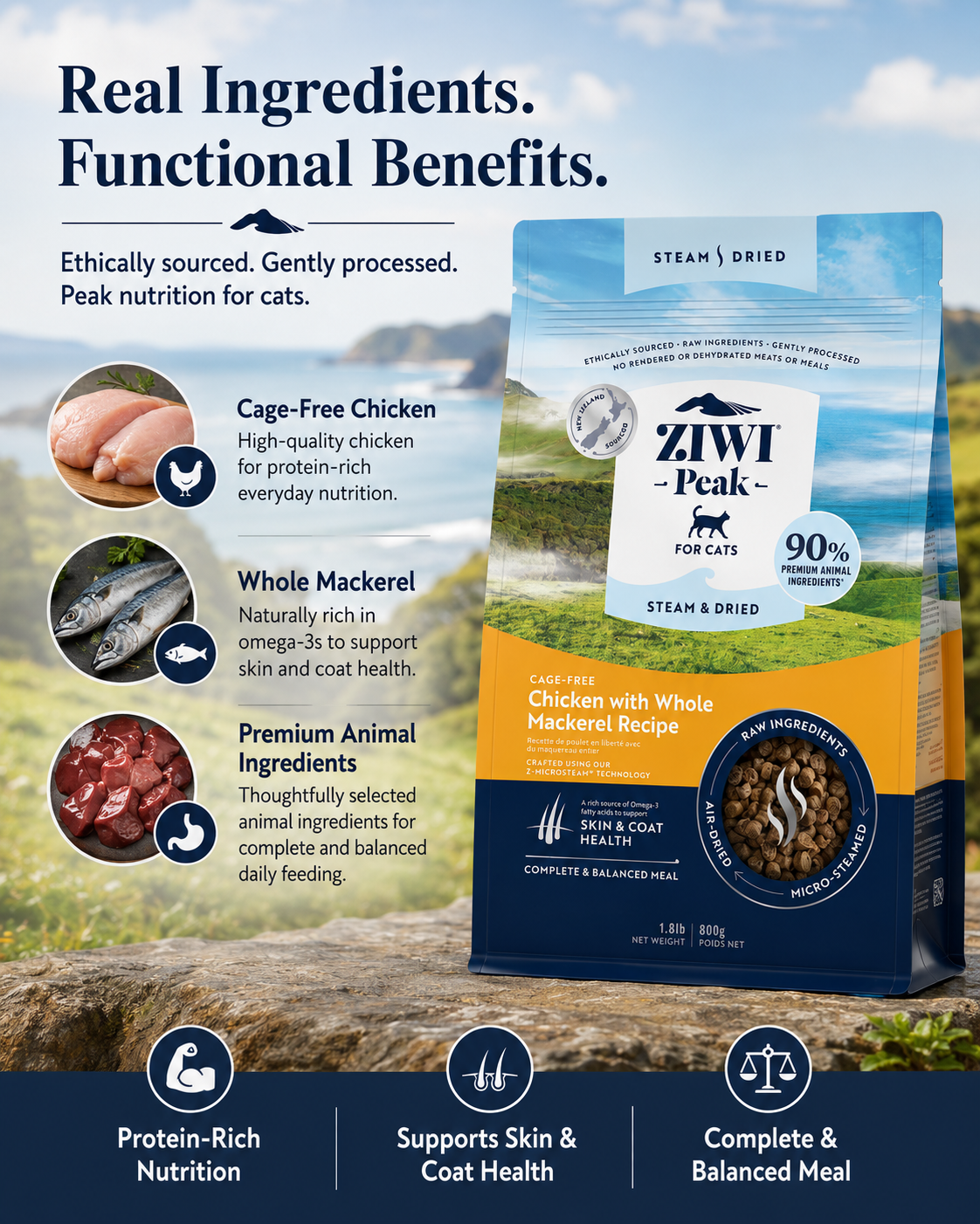 Ziwi Peak Chicken with Whole Mackerel Recipe dry cat food with cage free chicken, whole mackerel and premium animal ingredients