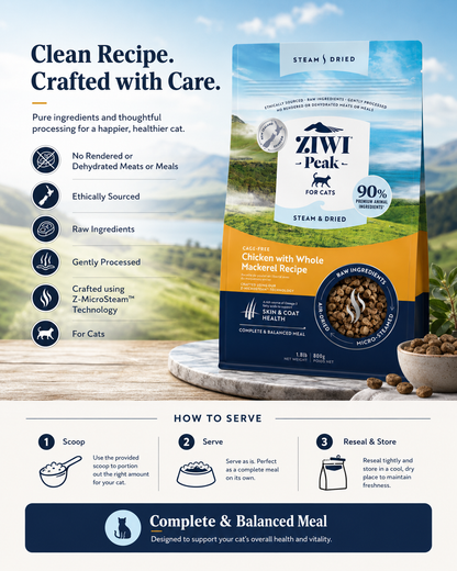 Ziwi Peak Steam and Dried Chicken with Whole Mackerel Recipe clean dry cat food with no rendered meats or meals