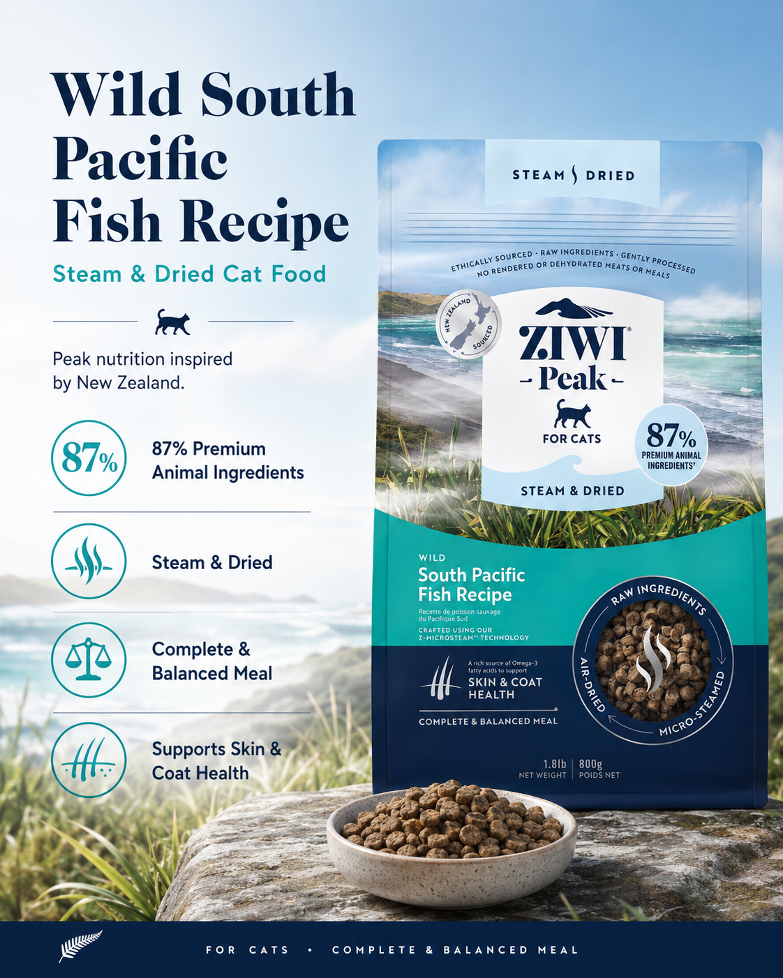 Ziwi Peak Steam and Dried South Pacific Fish Recipe cat food with 87% premium animal ingredients